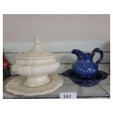 Soup Tureen/Ladle (chip), Blue Speckled Pitcher/Bowl