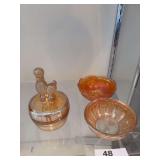 Poodle dish,  orange glass bowls