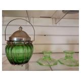 Vintage Uranium Green Candlestick Holders, Emerald Green Musical Candy Jar (not working)
