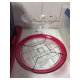 Red/ clear cake stand, red vase, pedestal center piece