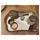 Vintage vanity mirror with brush ,  glass powder holder, brass compact and small container of gold dust