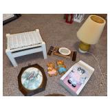 Owl wall hanging, Dolly Cat stuffed animal, dresser lamp, wicker stool, 2 picture frames