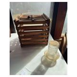 Antique wood egg crate box, Atlas Strong Shoulder poultry feeder