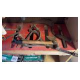 Camping lanterns, sickle, trimmers, misc