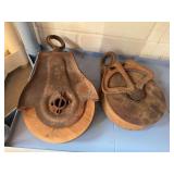 2 wood and metal antique pulleys