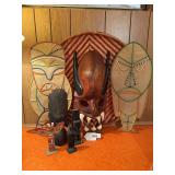 Wood mask, carved wood figurines, fabric decor