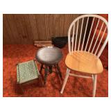 Two tone spindle back wooden chair , antique ball and  claw foot piano stool, and wicker top footstool