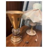 Two desk lights , one is brass tone with glass ball and the other is milk glass and  brass tone