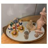 Vintage vanity mirror with felt bottom , occupied Japan  miniature women , cruet with stopper , angel figurine and miniature pitcher and bowl sets , porcelain bird