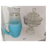 West Virginia Glass Specialty Co. turquoise "Blendo" glass pitcher, Clear Glass Pedastal Candy Bowl