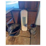Vintage thermometer, coal bucket, hanging light
