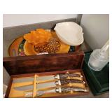Vintage Heinz Noble Horseradish Covered Jar w/milk Glass Spoon, Crown Awards Hand-Forged Stainless Steel Carving Utensils,  Wood Tray, Ceramic Misc