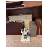 Vintage suitcase, 3 briefcases, metal box, microscope