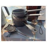 Granite pans, vintage Wonder shredder, egg separator, egg tong
