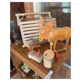 Wooden basket, deer, and misc