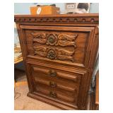 Chest of drawers with a worn top and loose drawer pulls . 38” x18.5” x 49”
