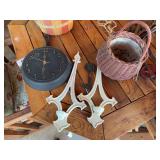 Iron skillet clock, wicker basket, 2 painted tin candelabras