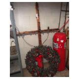 6’ light up wooden cross, 3’ diameter Christmas wreath