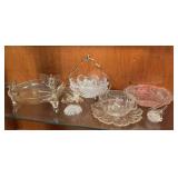Lot of clear glassware pieces, Indiana Glass Co. sandwich pattern plate, 2 figurines