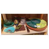 Mid century ceramic relish divided  serving tray , vintage teal trinket bowl , 2 ceramic frogs, duck tin, small bowls