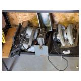 Vintage circular saw, sabre saw, belt sander,2 mitre boxes