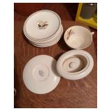 Small saucers and cups by Cunningham & Pickett INC  5 cups  15 saucers.  Glass  jar, no lid ,ice bucket , colander