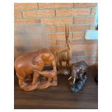 2 hand carved elephants, hand carved gazelle made in Kenya