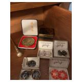 Asian inspired jewelry , Chinese exhibition medallion. Letter opener and wind up music box that is not working