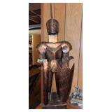 Metal knight figure 33" t, 4 Italian resin knight figures with marble base 7" & 9"