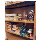 2 shelves of military souvenirs,low ball glasses, trinket box, plates, coffee cups, books, miscellaneous