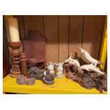 Wooden candle holders and resin animals and birds