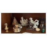 Vintage foo dog incense burner, vintage bisque porcelain figural piece, and other misc items
