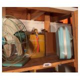 2 vintage suitcases, hair dryer and desk fan