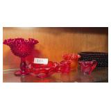 Fostoria ruby red coin glass handled nappy, Vintage Fenton Glass Hobnail Red Ruffled Edge Compote Footed Dish 6", LE Smith mini cream & sugar, hobnail ruffle top dish, 8 Avon Cape Cod plates, Fenton r