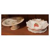 Porcelain compote, milk glass, turn wood items, cheese boards