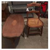 Cane bottom chair, vintage wood inlaid table 30”w x 18”d x 21.5”h