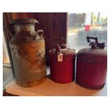 Milk can, 2 vintage gas cans