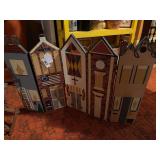 five vintage, hand-painted wooden architectural shelf-sitters resembling stylized buildings and houses with Americana and patriotic motifs. 24 x 361wood wine rack and wood wine glass and wine holder 1