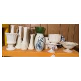 vintage Anchor Hocking Milk Glass Old Colony Lace Edge Compote or a similar pedestal candy dish from the mid-20th century., small bud vases, ginger jar and other vases
