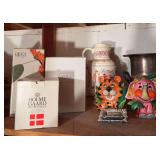 Metal urn, ceramic vase, lion and elephant, pair small plastic frames, Mikasa candle sticks and vase