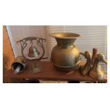 Vintage Redskin Brand Chewing Tobacco Brass Spittoon, brass duck bookends, tabletop brass dinner gong, hanging bell