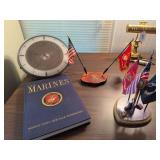 Marine Corps wall clock, Marine Corps Heritage Foundation book, 2 desk flag sets