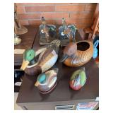 Porcelain duck figures, ceramic planter, book ends