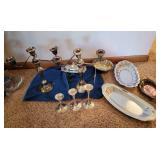 Harmony House by Gorham Silverplate Candleabra (pair), Hometrends Candlesticks (3 pieces), Butterfly Dish w/cover, Platters, Bowl