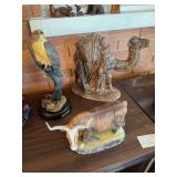 Porcelain bull figure, porcelain Red Tailed hawk by Phil Galatas, large ceramic camel figure