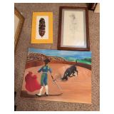 Framed drawing, unframed paintings