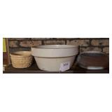 1 old crock bowl and   2 planters