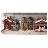 Brass lanterns, Bob Evan bird house, 2 others