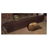 Brass log basket, wood mantel 69" x 16"
