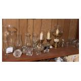 Candle holders, 5 cordials, cruet, creamer and sugar, miscellaneous, 23 pieces